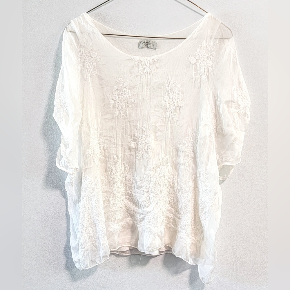 L Angela Moda Made In Italy Silk Blend Quiet Luxury Embroidered Boho Fairy White